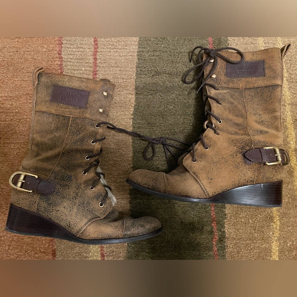 Michael Kors distressed boots with gold hardware and small wedge. Size 6.5
